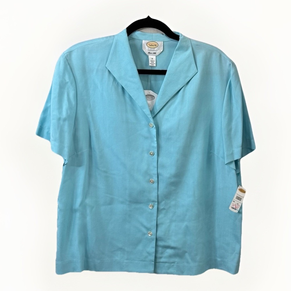 NEW! Talbots Button Up Shirt‎ 100% Pure Silk Sz 16 Blue Coastal Quiet Luxury NWT